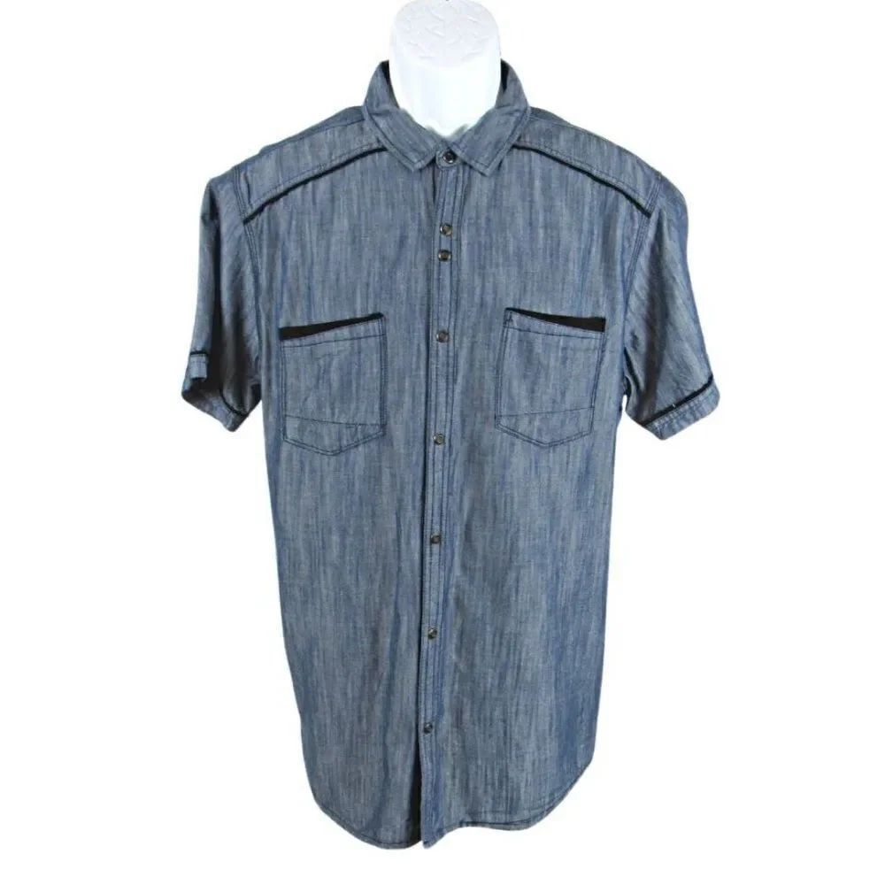 Snap Front Short Sleeve Shirt Collared Blue with Black Accents Men's Size Large